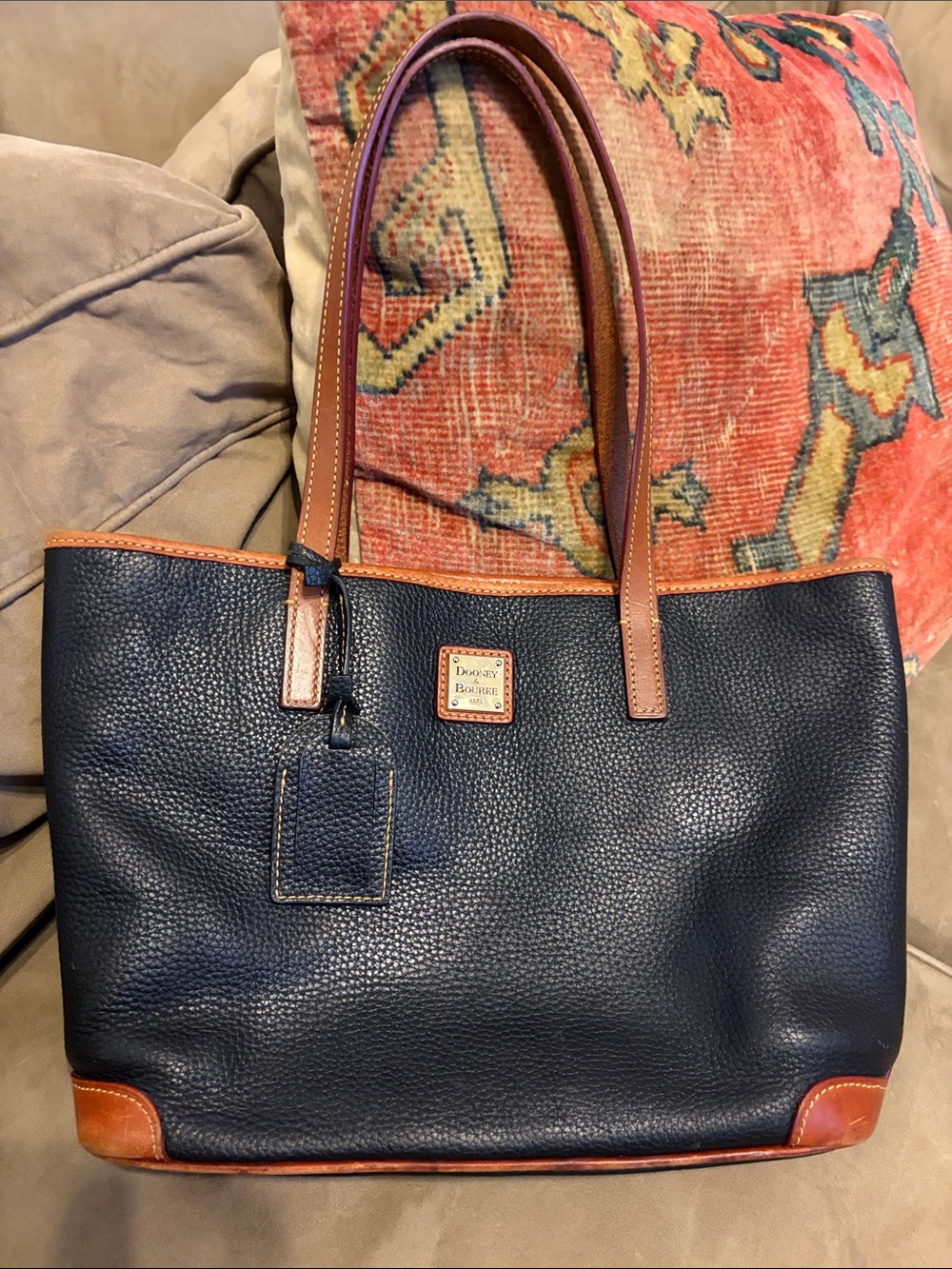 Dooney & Bourke Charleston Shopper Black Pebbled Leather Tote with Brown Trim